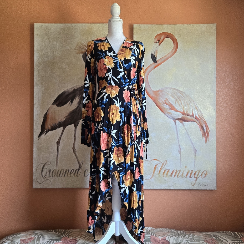 Band Of Gypsies Bog Maxi Dress Floral Long Sleeve Flowy Surplice V Neck Large